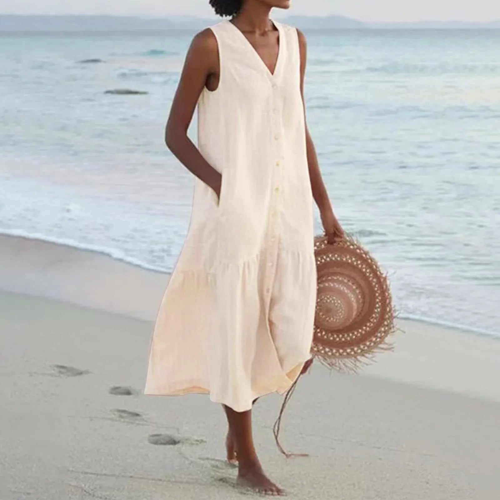 Sommerkjole Dame Lena – Elegant Kjole med V-Hals, Luftig Pasform & Tidløst Design