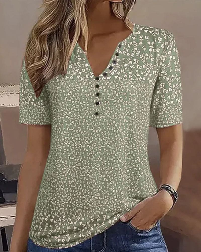 Naomi Dame Sommertop – T-shirt med Blomstermønster, Korte Ærmer & Behagelig Strækpasform