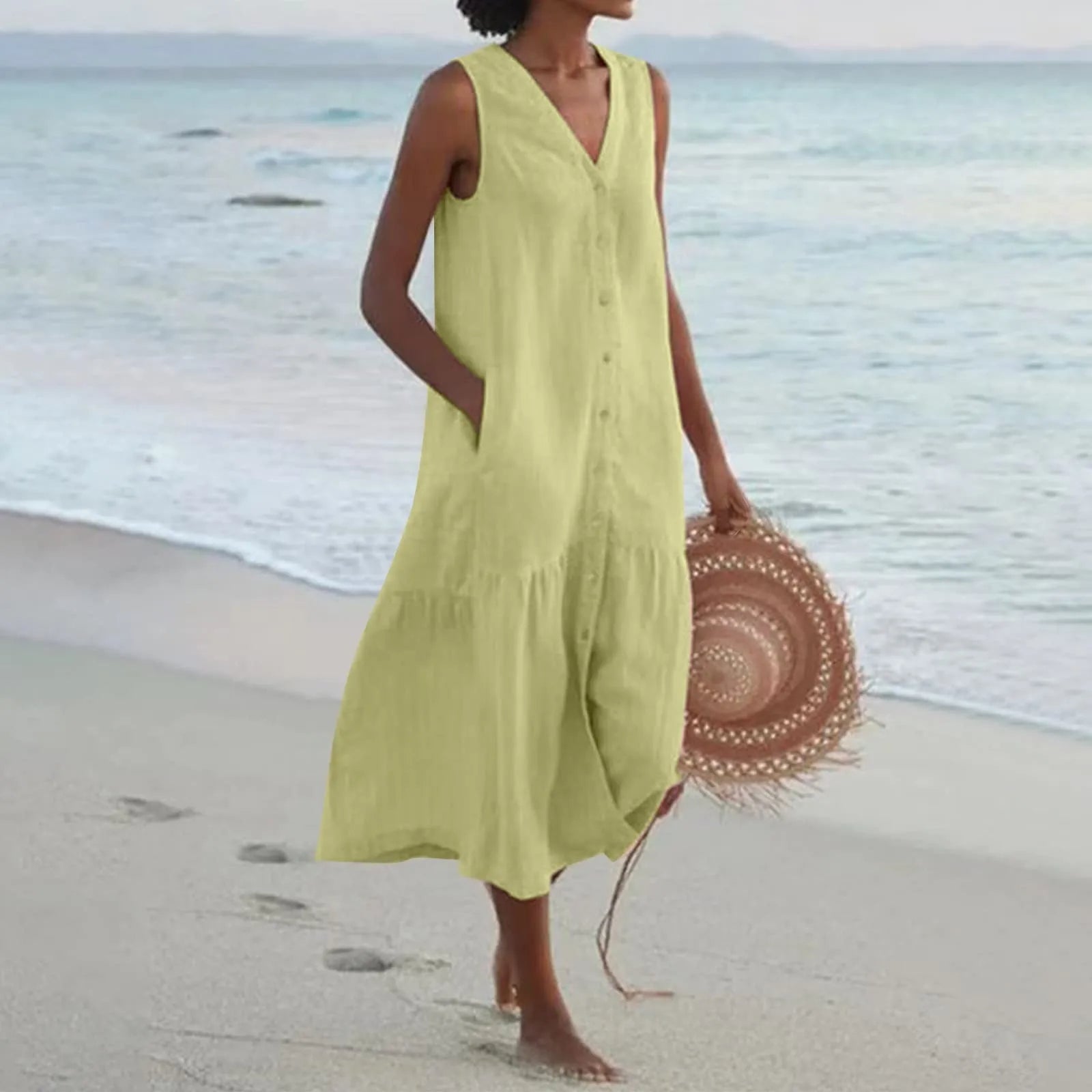 Sommerkjole Dame Lena – Elegant Kjole med V-Hals, Luftig Pasform & Tidløst Design