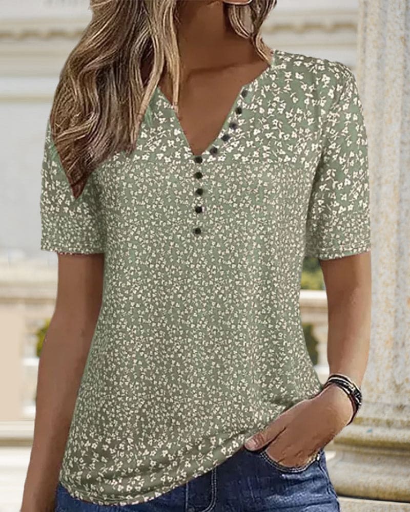 Naomi Dame Sommertop – T-shirt med Blomstermønster, Korte Ærmer & Behagelig Strækpasform