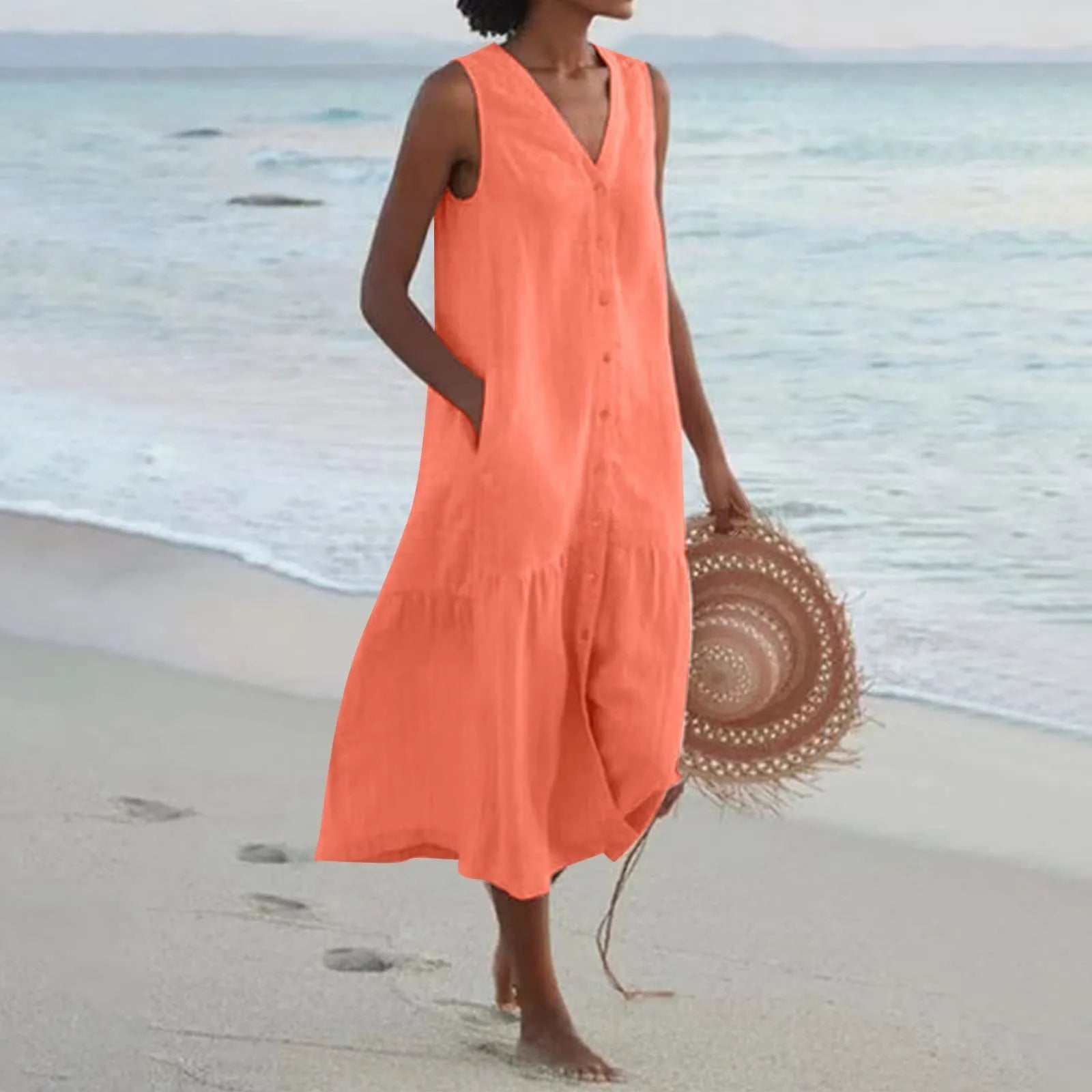 Sommerkjole Dame Lena – Elegant Kjole med V-Hals, Luftig Pasform & Tidløst Design