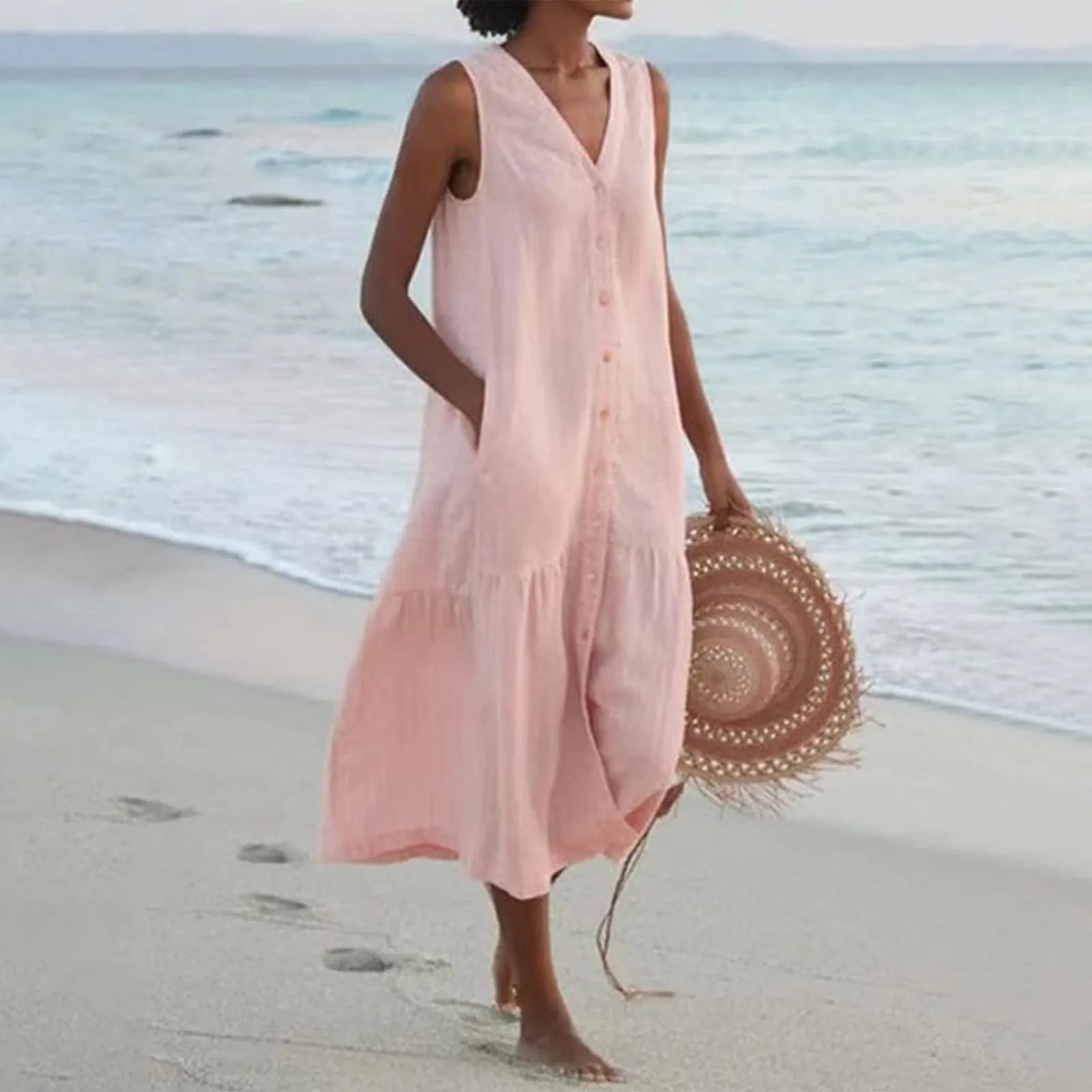 Sommerkjole Dame Lena – Elegant Kjole med V-Hals, Luftig Pasform & Tidløst Design