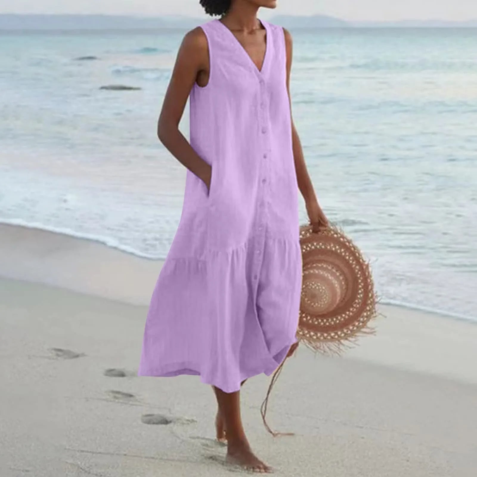 Sommerkjole Dame Lena – Elegant Kjole med V-Hals, Luftig Pasform & Tidløst Design