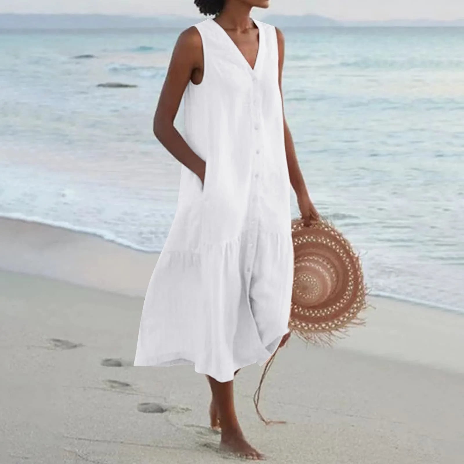 Sommerkjole Dame Lena – Elegant Kjole med V-Hals, Luftig Pasform & Tidløst Design