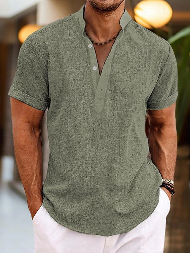 Silas Herreskjorte i Hør – Åndbar Sommervariant med Henley-krave & Korte Ærmer