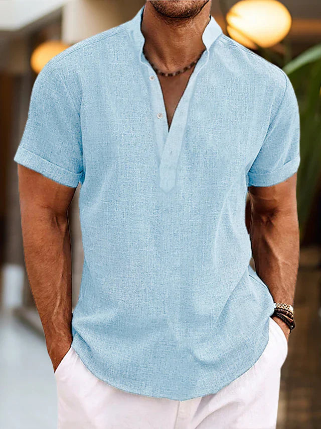 Silas Herreskjorte i Hør – Åndbar Sommervariant med Henley-krave & Korte Ærmer