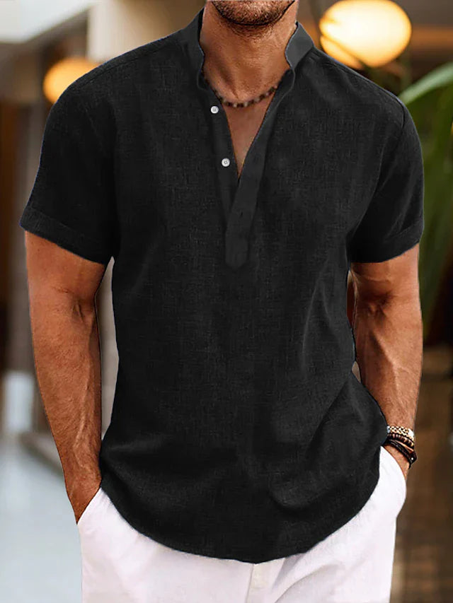 Silas Herreskjorte i Hør – Åndbar Sommervariant med Henley-krave & Korte Ærmer