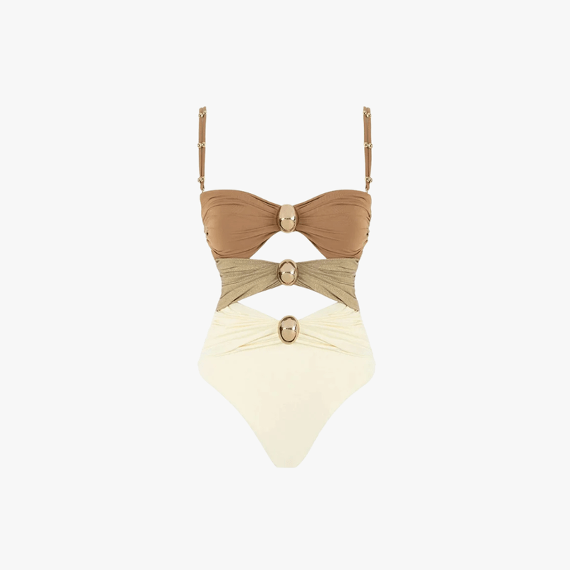 Issa Dame Badedragt – Ét Stykke med Udskæringer, Guld Ringdetaljer & Colorblock Design