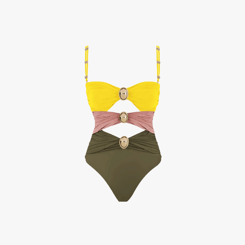 Issa Dame Badedragt – Ét Stykke med Udskæringer, Guld Ringdetaljer & Colorblock Design