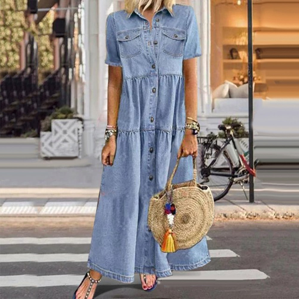 Denimkjole Rebecca til Dame – Komfortabel jeanskjole med flæser, slankende effekt og luksuriøst look