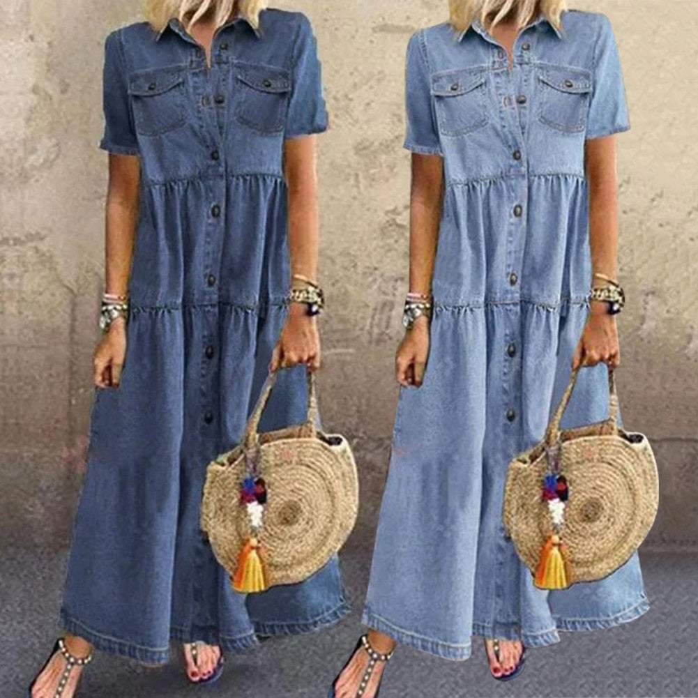 Denimkjole Rebecca til Dame – Komfortabel jeanskjole med flæser, slankende effekt og luksuriøst look