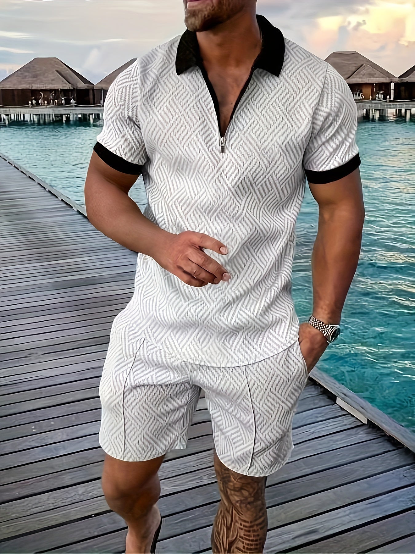 Lucas Sæt til Mænd Sommer – Geometrisk Shortsæt med Lynlåstop & Åndbart Stof