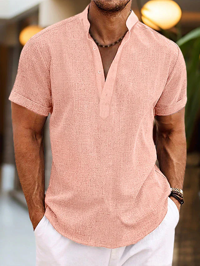 Silas Herreskjorte i Hør – Åndbar Sommervariant med Henley-krave & Korte Ærmer